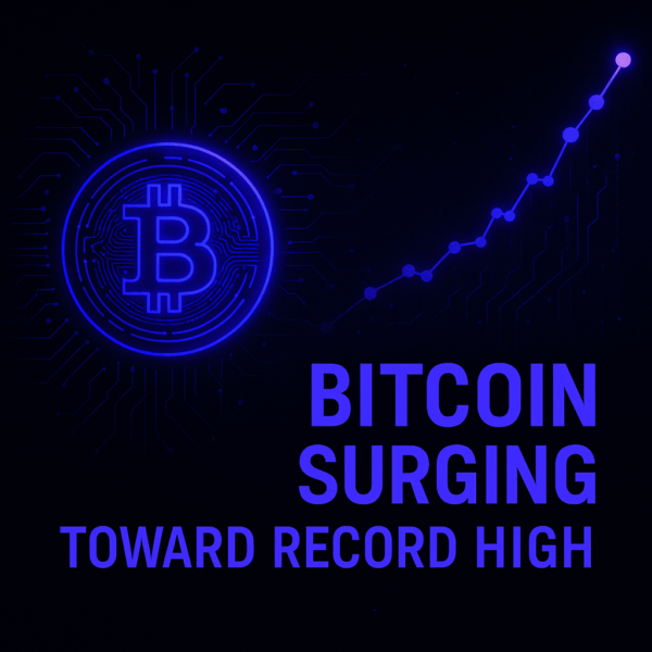 Bitcoin digital coin glowing with futuristic AI technology background