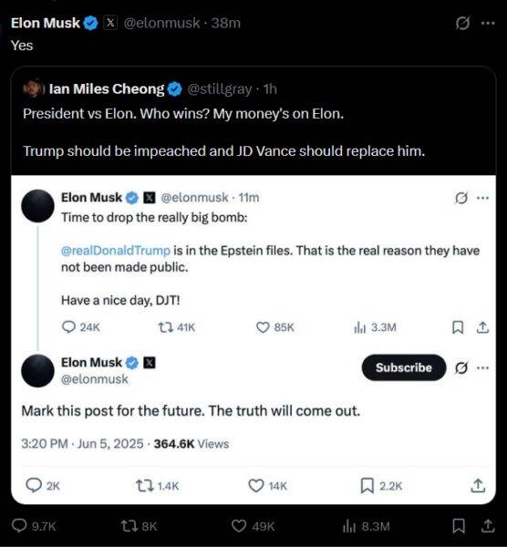 Screenshot of @stillgray’s X post stating Trump should be impeached and replaced by JD Vance, with Elon Musk replying “Yes”