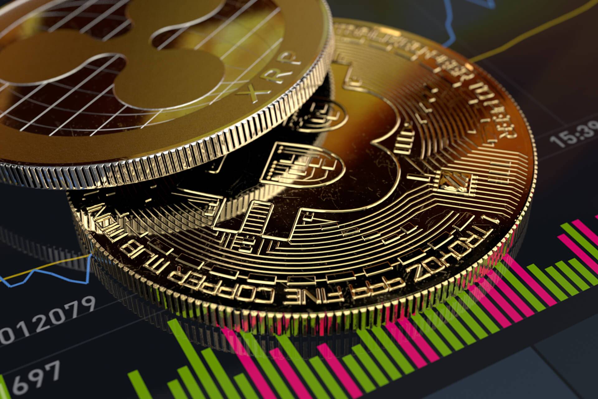 Illustration of a glowing Bitcoin and Ethereum coin hovering over a digital blockchain network with futuristic data streams