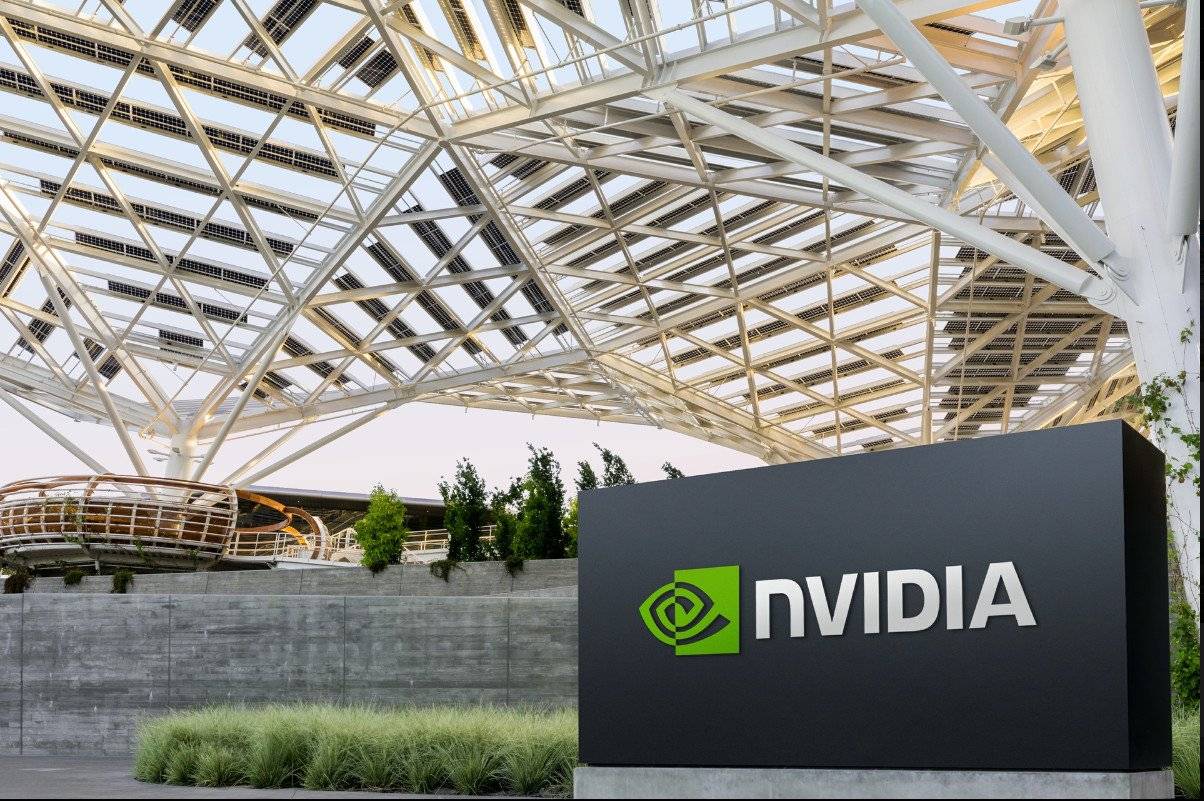 NVIDIA logo with financial charts and Q1 FY2026 earnings data visualized in the background