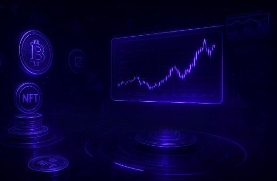 Futuristic metaverse-themed illustration in black and purple representing Wall Street trends and financial innovation