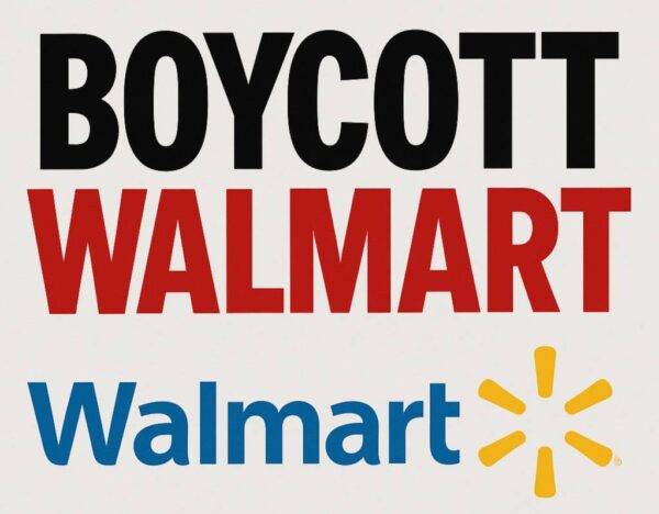 Walmart logo crossed out with a red circle and slash symbolizing the Walmart’s furious boycott